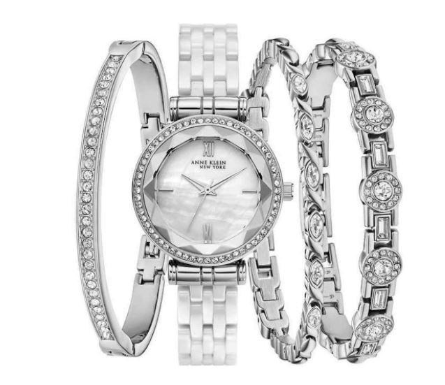 Anne Klein Ladies Crystal Accented White Silver-Tone Watch w/ Bracelets ...
