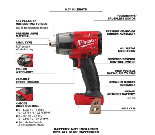 Milwaukee M18 FUEL Gen-2 18-Volt Lithium-Ion Brushless Cordless Mid Torque 1/2 in. Impact Wrench